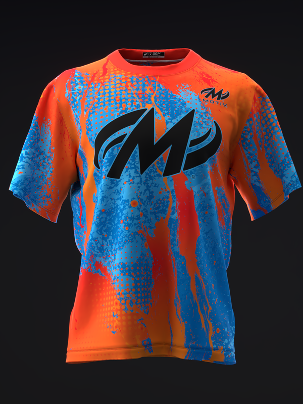 Motiv bowling jersey with bold orange and blue color blocking and lightning bolt graphic, front view