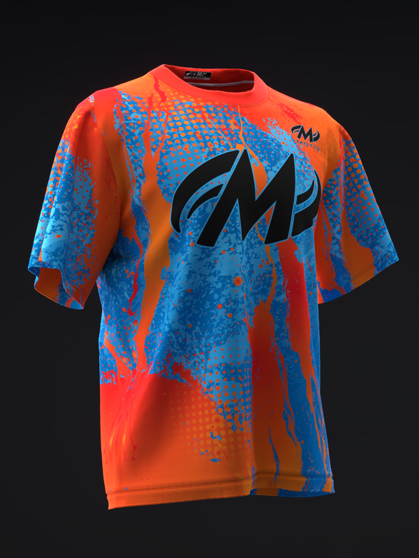 Orange bowling jersey with blue abstract splatter pattern and black lightning bolt graphic