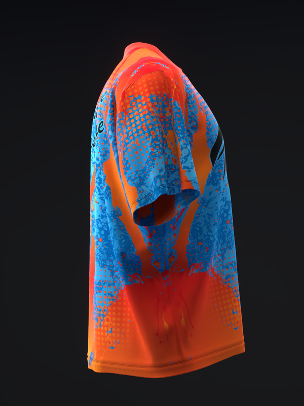 Orange and blue bowling jersey with abstract splatter pattern design, side view