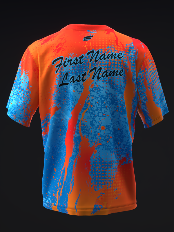 Orange and blue splatter bowling jersey with personalized name text on back