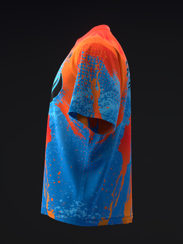 Blue and orange bowling jersey with abstract splatter pattern design, front view