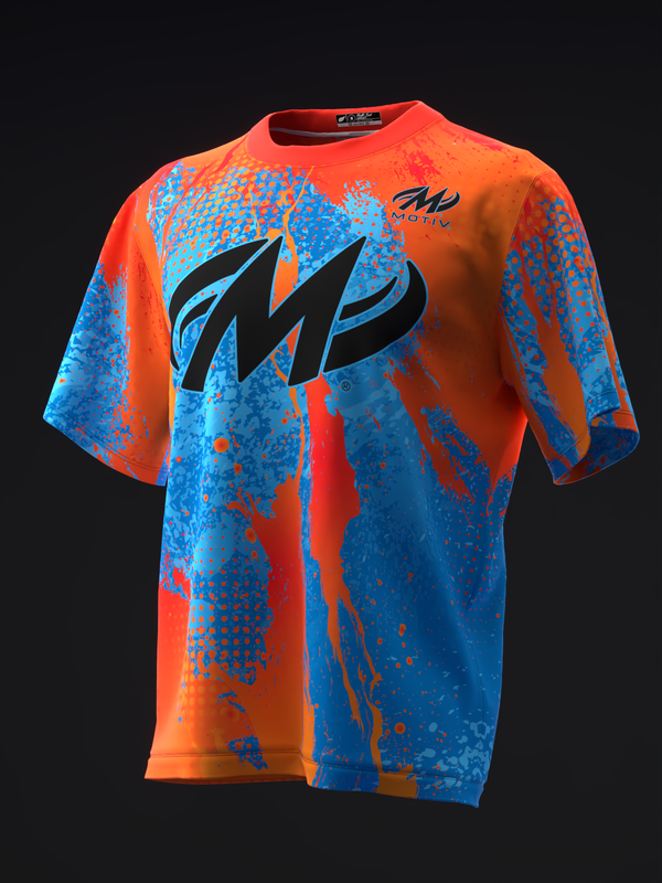 Motiv Supra Sport bowling jersey front view with orange and blue splatter pattern design