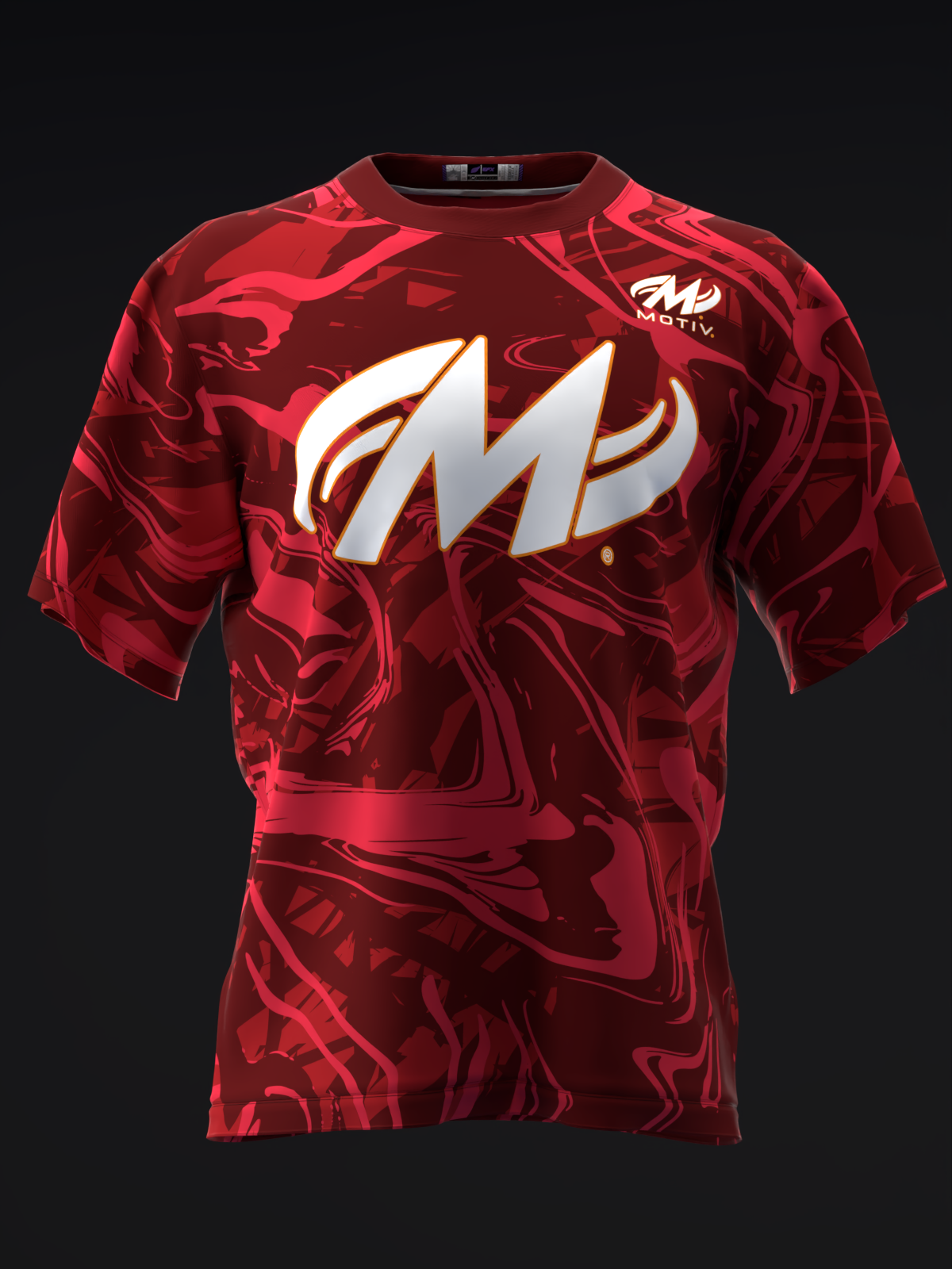 Red bowling jersey with white and gold lightning bolt logo on front