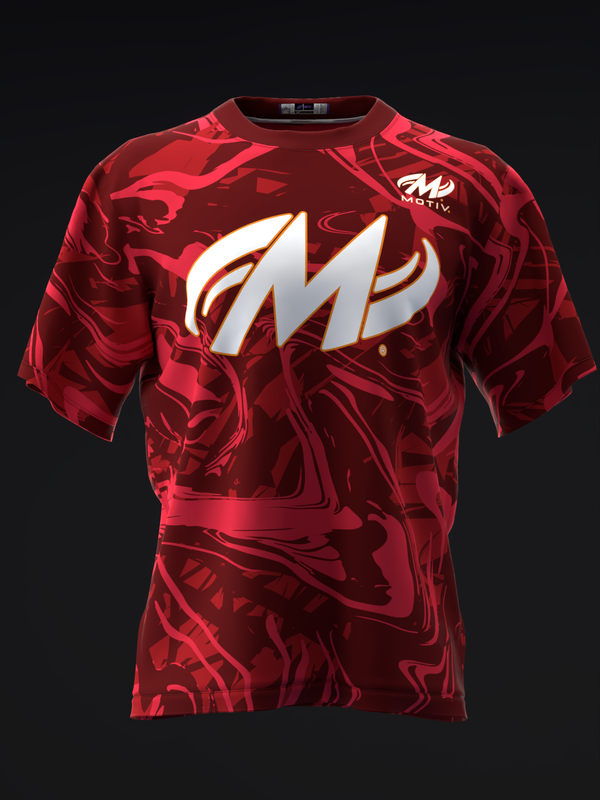 Red bowling jersey with white and gold lightning bolt logo on front