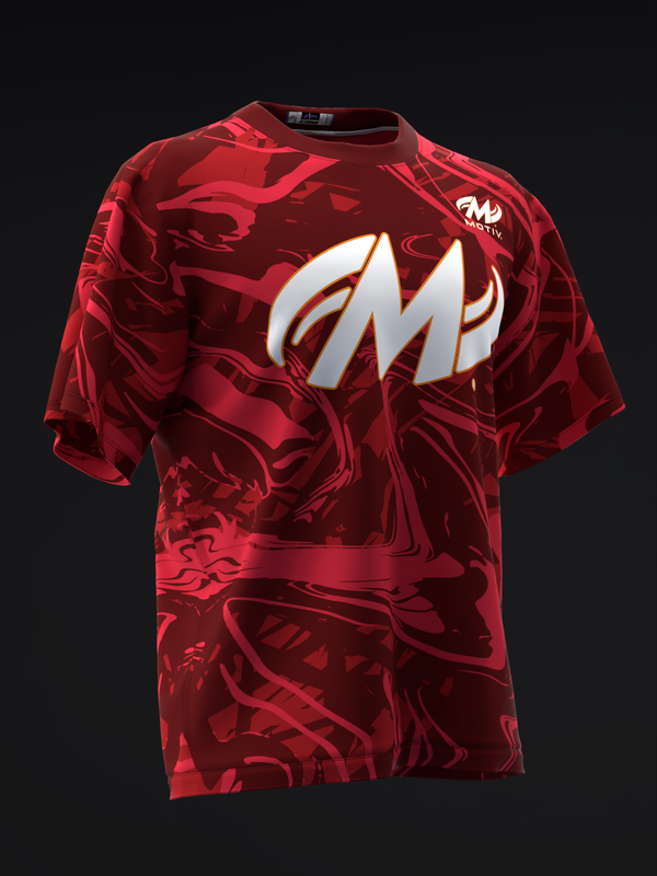 Red bowling jersey with abstract swirl pattern and large white logo graphic, front view