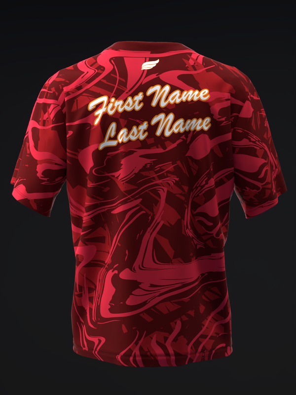 Red bowling jersey with abstract swirled pattern and gold script name text, back view