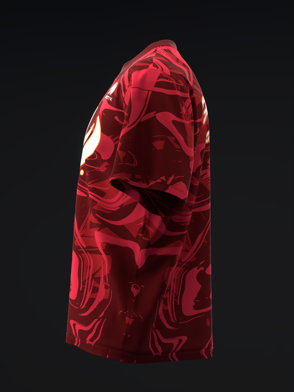 Red bowling jersey with abstract swirling pattern and white shoulder accent, side view