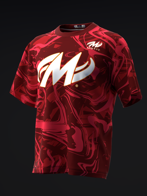 Red bowling jersey with abstract swirl pattern and white Motiv logo, front view