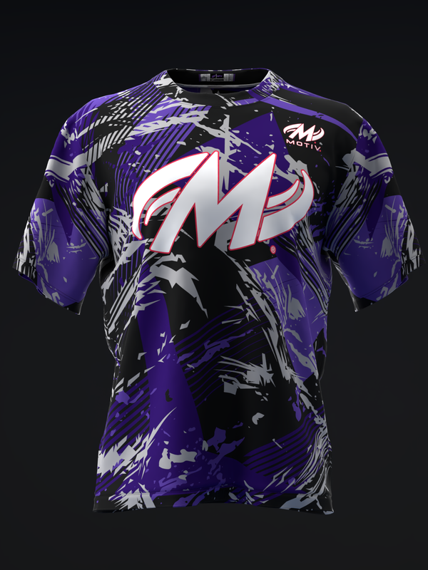 Purple and black bowling jersey with large white M logo and abstract brush stroke pattern