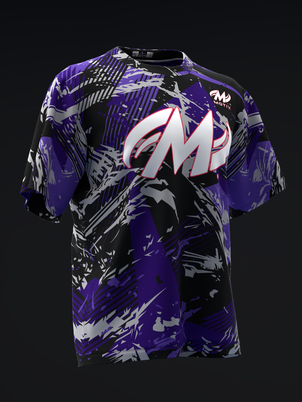 Purple and black bowling jersey with white graphic logo and abstract design, front view