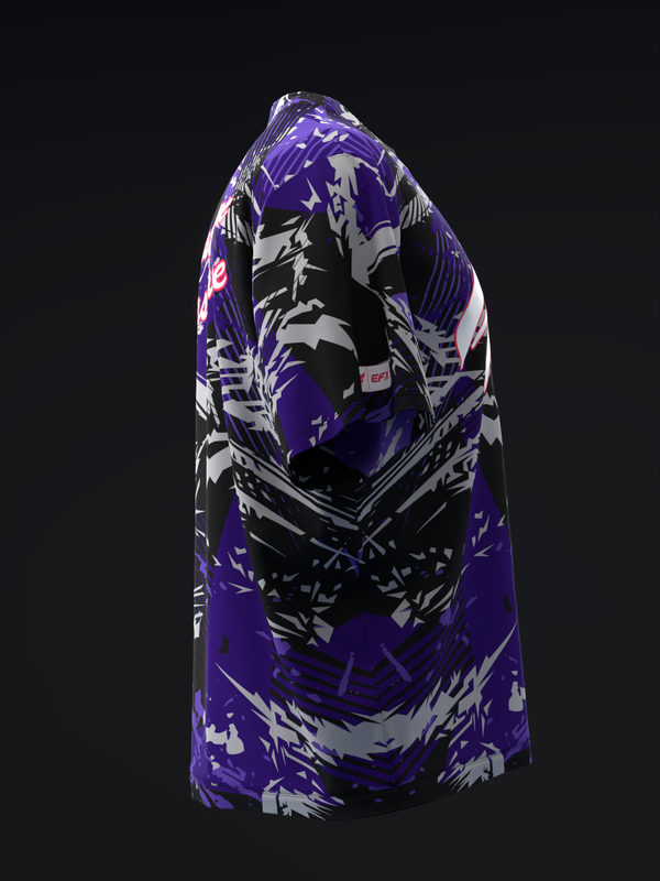 Purple and black bowling jersey with white abstract graphic design, front view