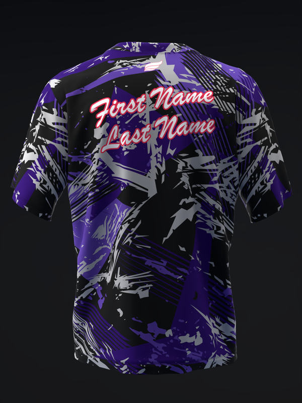 Purple and black bowling jersey with abstract graphic design and personalized text