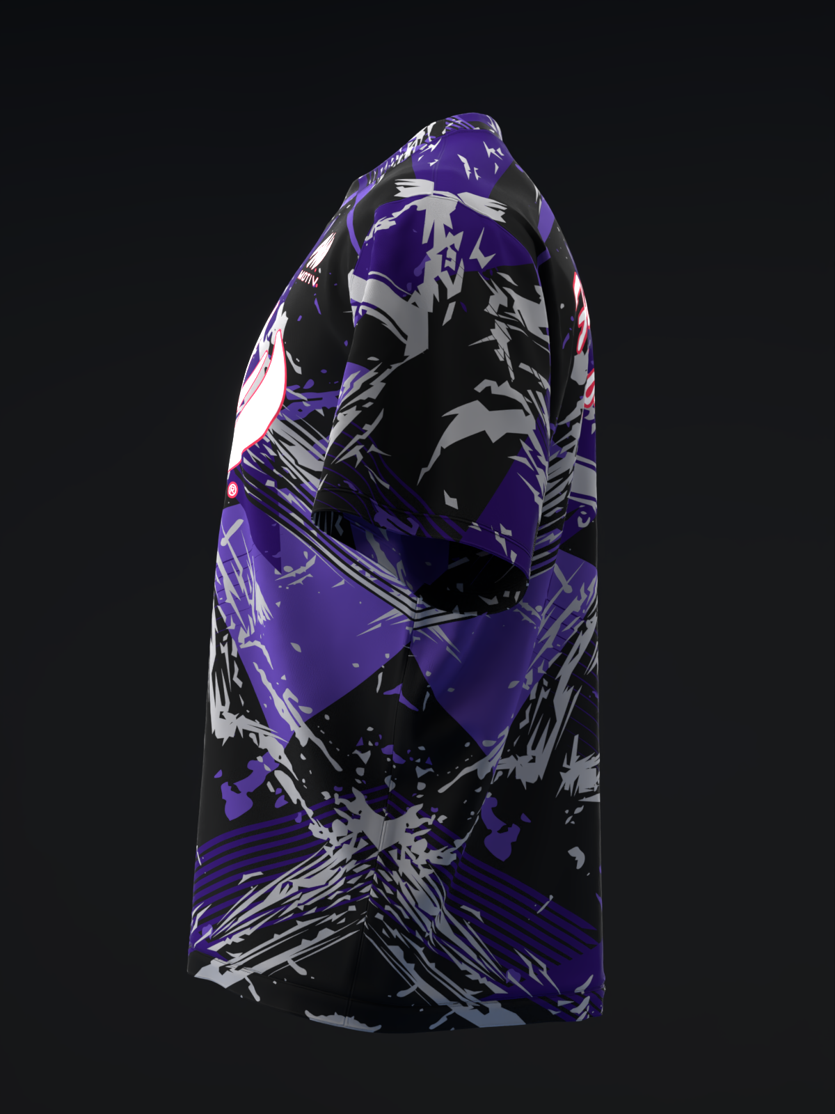 Purple, black and gray abstract geometric bowling jersey displayed on mannequin