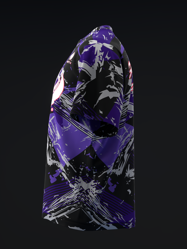 Purple, black and gray abstract geometric bowling jersey displayed on mannequin