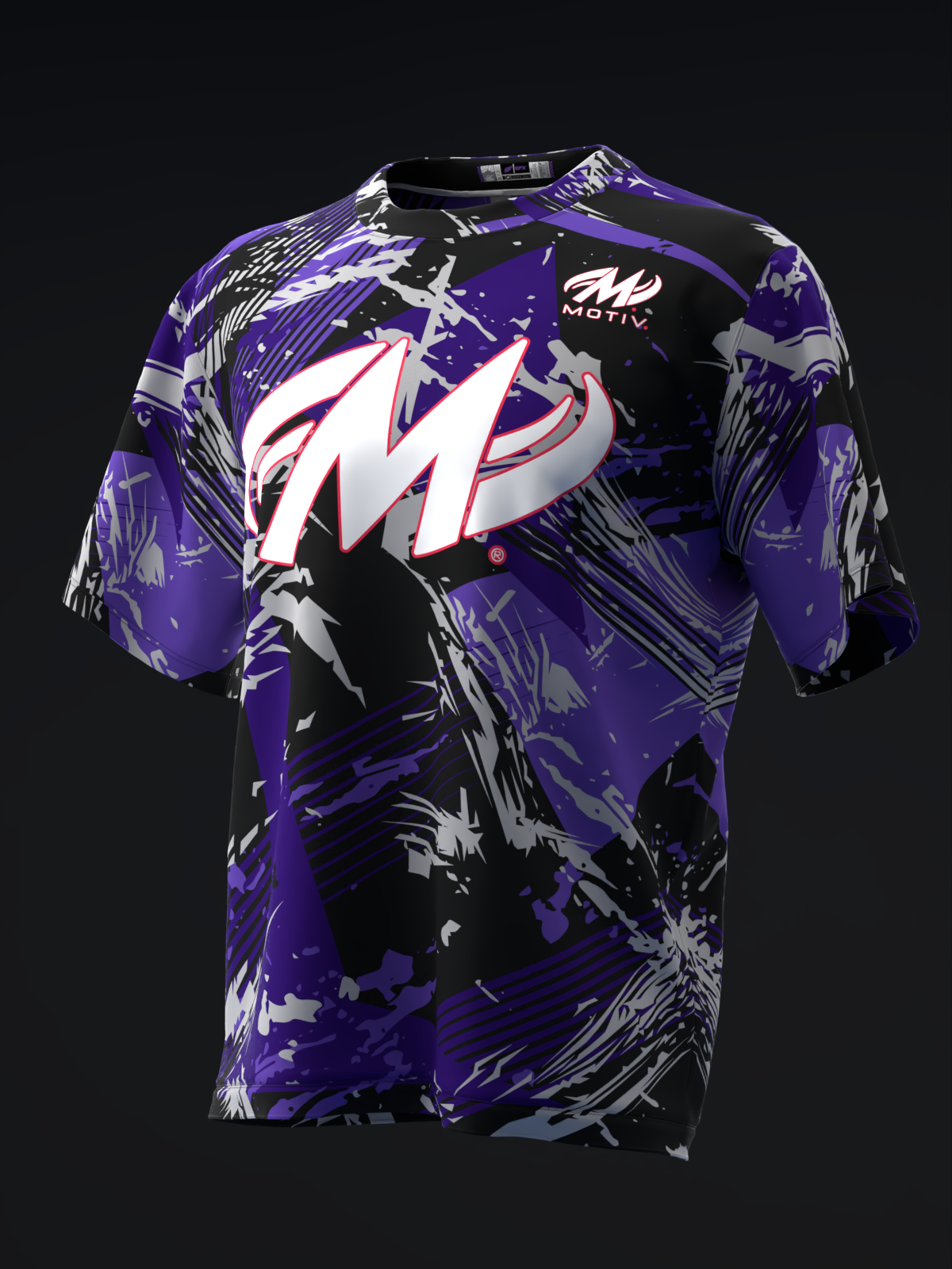 Purple and black bowling jersey with large white M logo and abstract graphic design