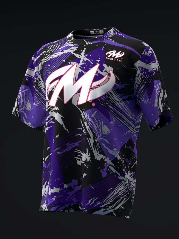 Purple and black bowling jersey with large white M logo and abstract graphic design