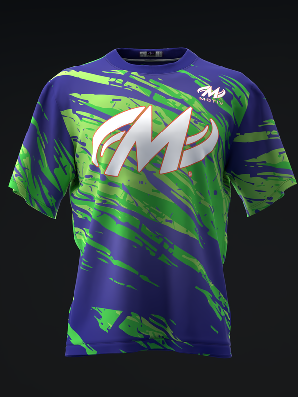 Purple and lime green bowling jersey with abstract splatter pattern and white logo front view