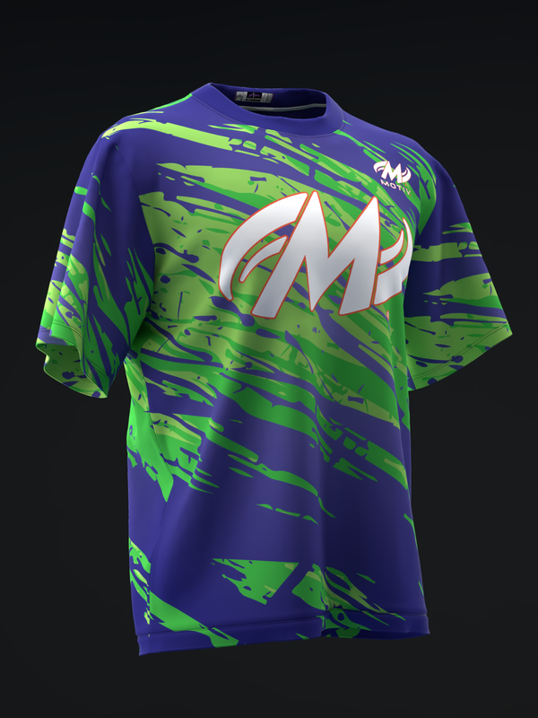 Bowling jersey front view with neon green and navy abstract slash pattern, large M logo