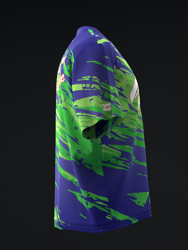 Purple and neon green bowling jersey with abstract brush stroke pattern, side view