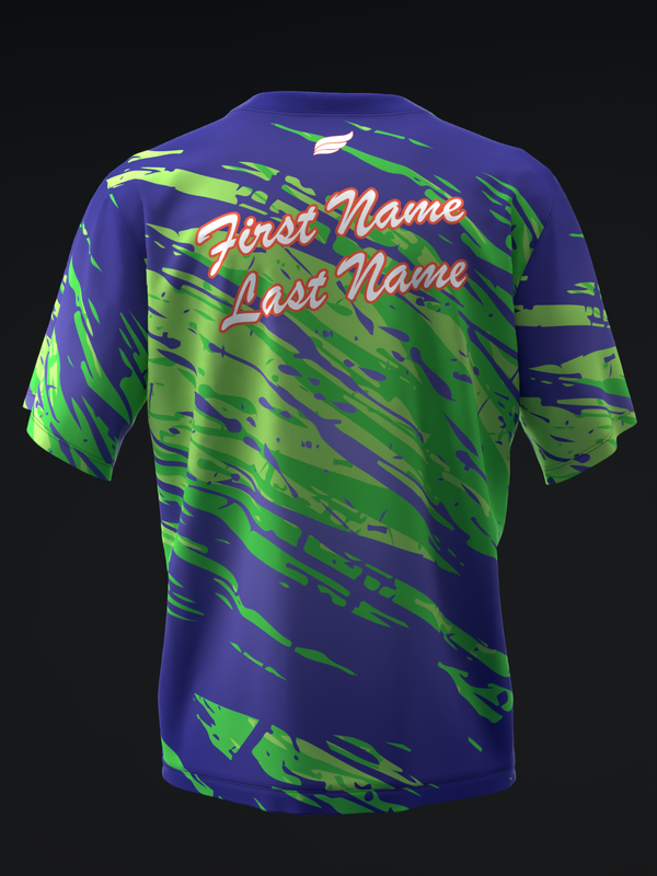 Purple and lime green bowling jersey with diagonal brushstroke pattern and custom name text