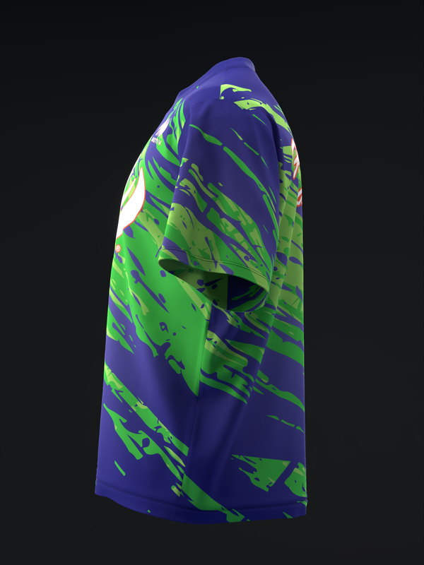 Purple and neon green bowling jersey with dynamic angular graphic design