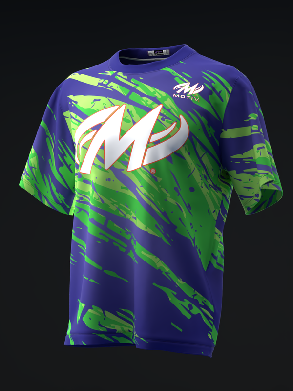 Purple and green bowling jersey with white M logo and abstract brush stroke pattern