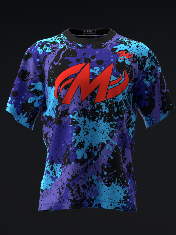 Front view bowling jersey with red lightning bolt graphic on purple and cyan splatter pattern