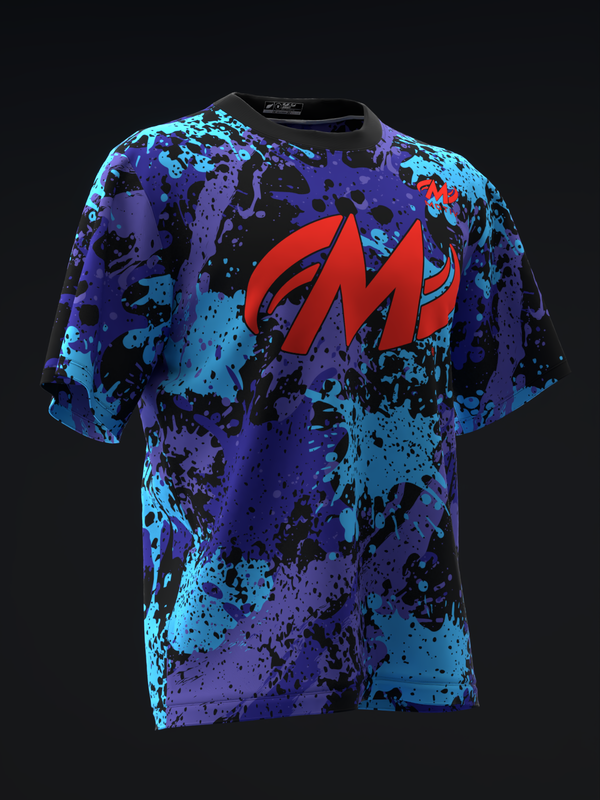 Front view of bowling jersey with cyan, purple, and black splatter pattern and red M logo