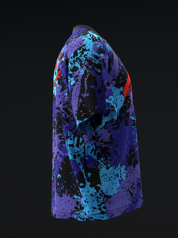 Purple bowling jersey with cyan and black splatter pattern and red accent details
