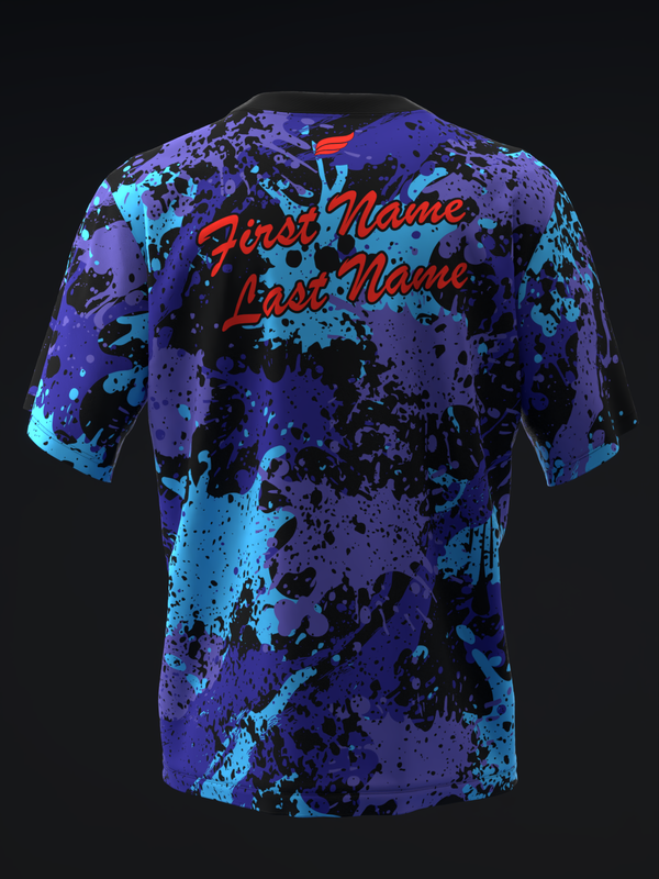 Purple and cyan splatter-patterned bowling jersey with red personalized text