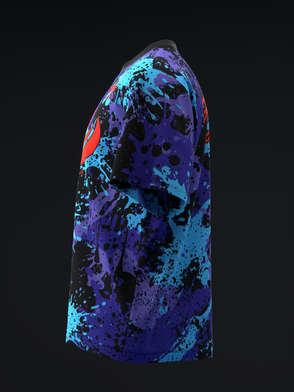 Bowling jersey with purple, cyan, and red splatter paint design on side view
