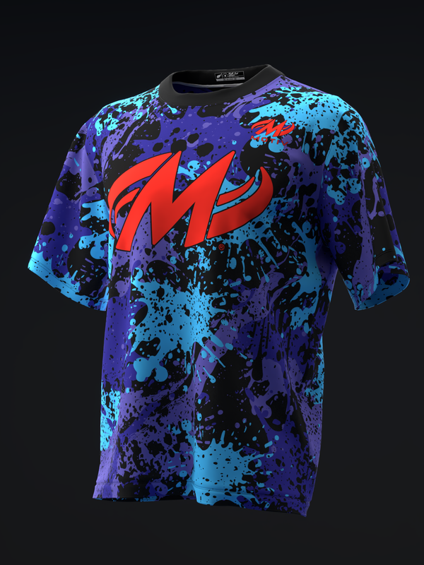 Purple and cyan splatter pattern bowling jersey with red graphic logo front view