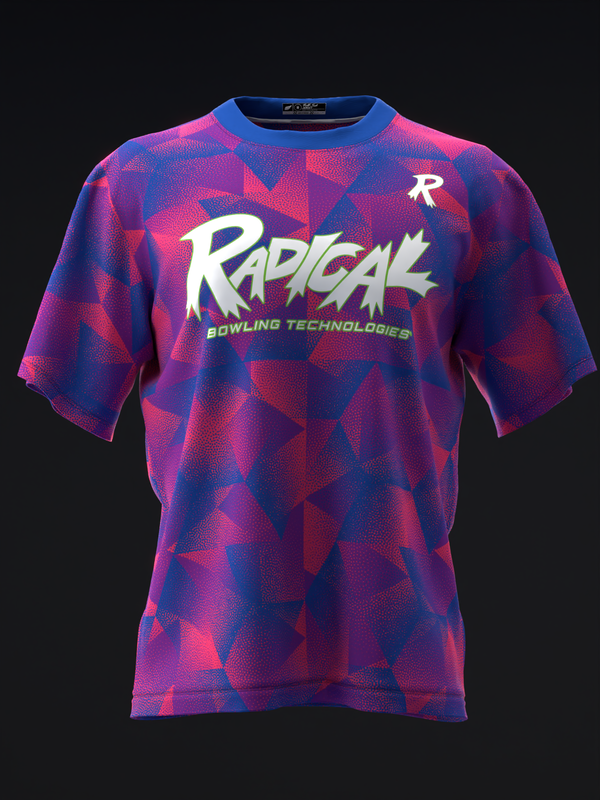 Front view of purple and pink geometric patterned bowling jersey with white Radical logo