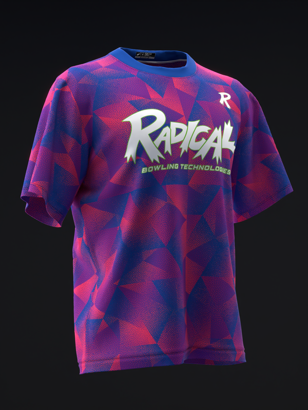 Purple and pink geometric patterned bowling jersey with Radical branding, front view