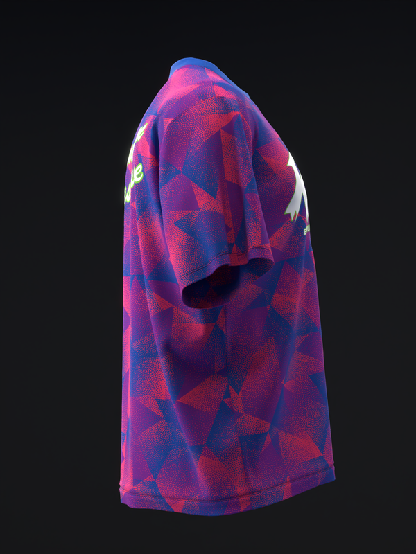 Purple and red geometric pattern bowling jersey displayed on side view