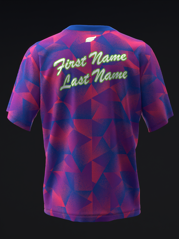Back view of purple and red geometric patterned bowling jersey with yellow personalized text