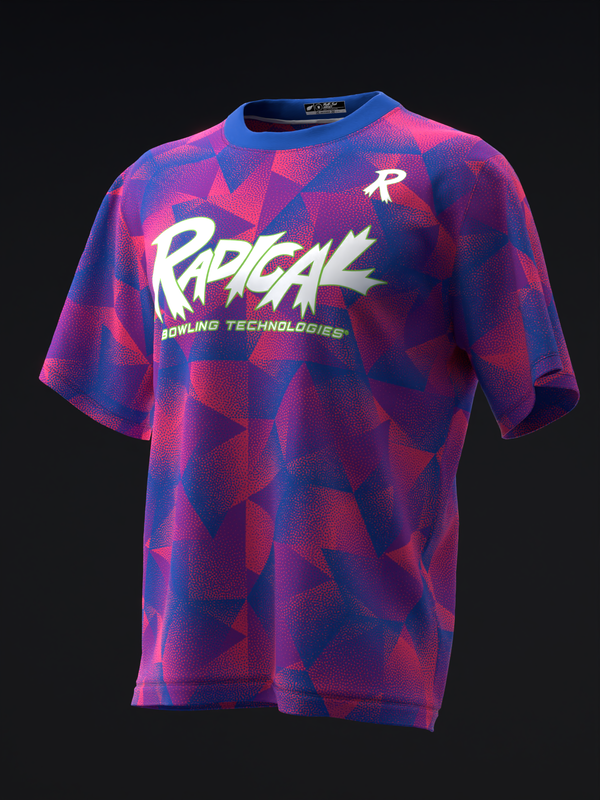 Radical bowling jersey front view with blue and pink geometric pattern and white logo text