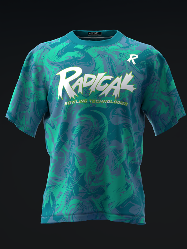 Teal bowling jersey with abstract swirl pattern and white Radical logo