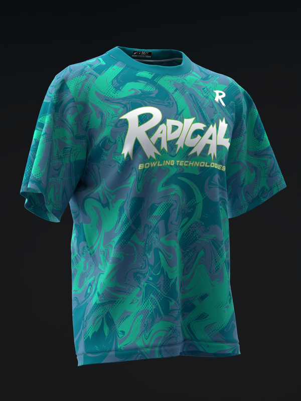Teal and blue bowling jersey with abstract swirl pattern and Radical logo front view
