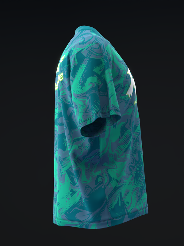 Green bowling jersey with abstract swirl and geometric pattern, side view