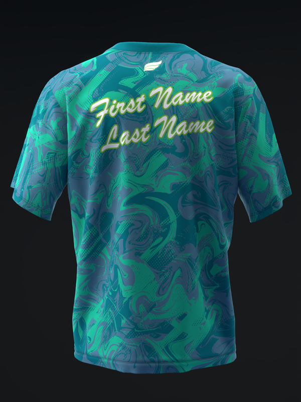 Teal and purple bowling jersey with abstract swirl pattern and gold name text back view