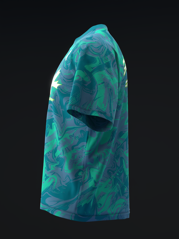 Teal and navy bowling jersey with abstract swirling graphic pattern, side view