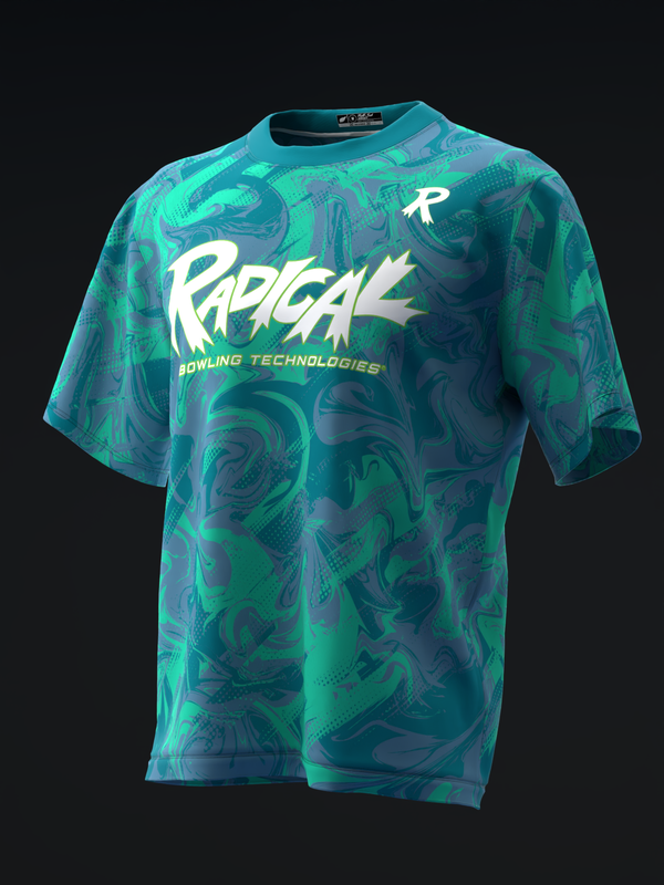Turquoise bowling jersey with abstract swirl pattern and white Radical logo, front view
