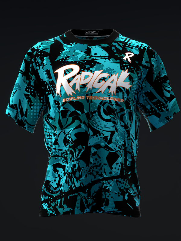 Turquoise and black bowling jersey with abstract splatter pattern and Radical logo