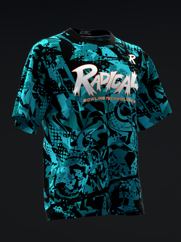 Turquoise and black bowling jersey with abstract splatter pattern and Radical logo