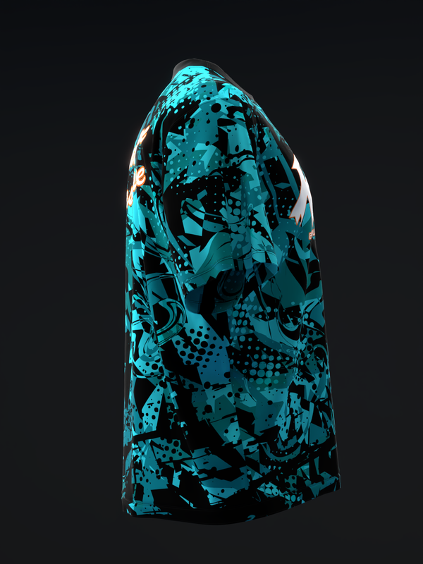Cyan and black bowling jersey with abstract splatter and geometric pattern design