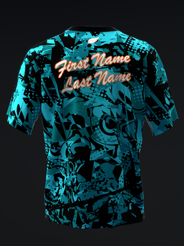 Cyan and black abstract patterned bowling jersey with orange name text
