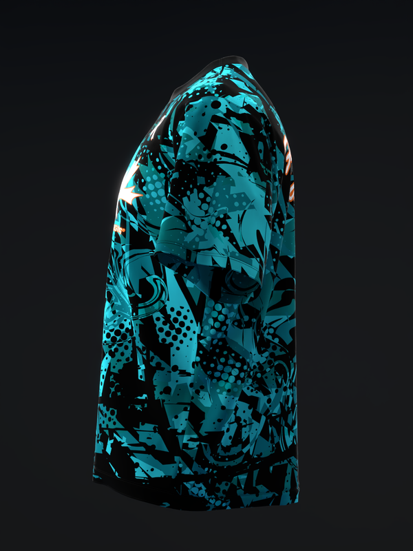 Turquoise and black bowling jersey with abstract geometric graffiti pattern, side view
