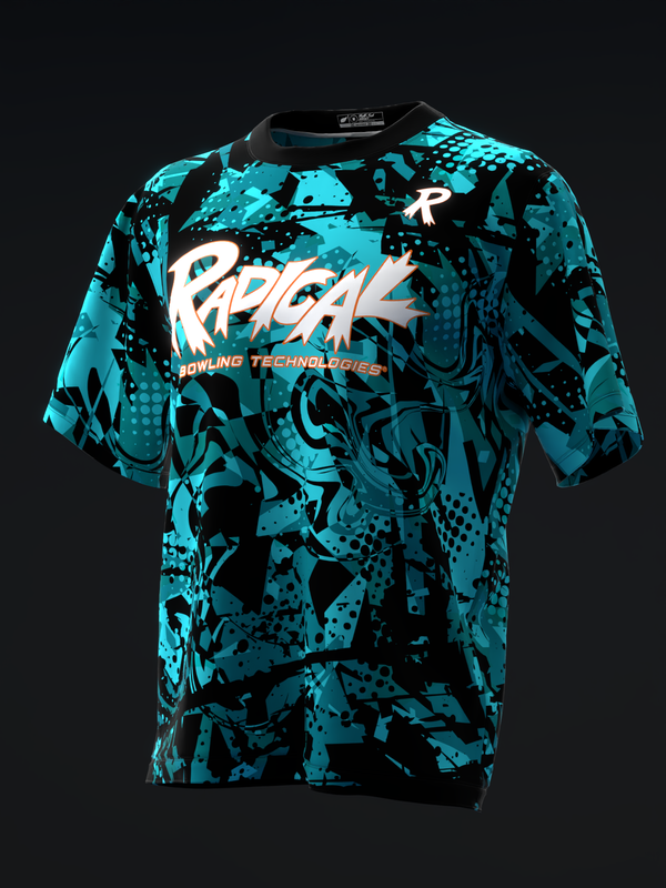 Turquoise and black bowling jersey with abstract splatter pattern and white Radical logo