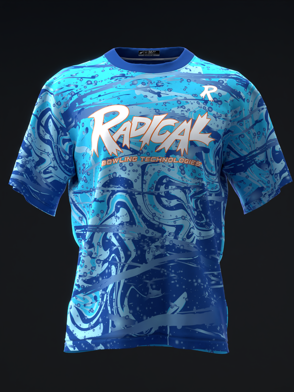 Front view of blue bowling jersey with abstract swirl pattern and white Radical text